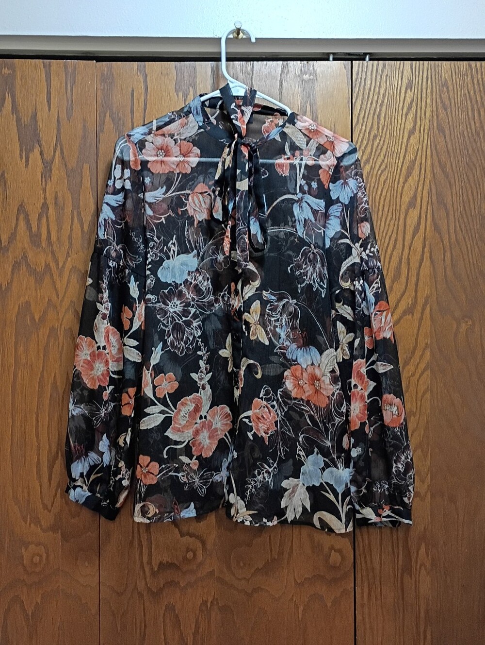 Sheer Black Floral Tie-Neck Blouse